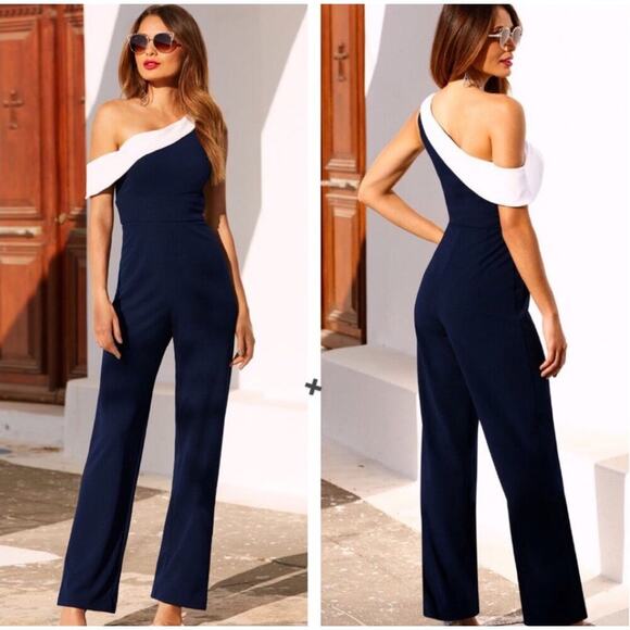 Alexia Admore Women's One Shoulder Jumpsuit Colorblock Dark Navy White Large - Picture 1 of 9